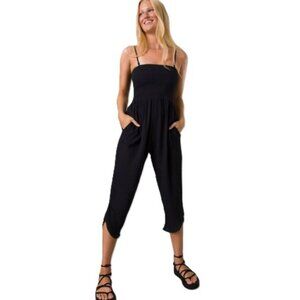 PrAna Fernie Smocked Jumpsuit Overalls One Piece Crop Ankle Black Minimal Casual